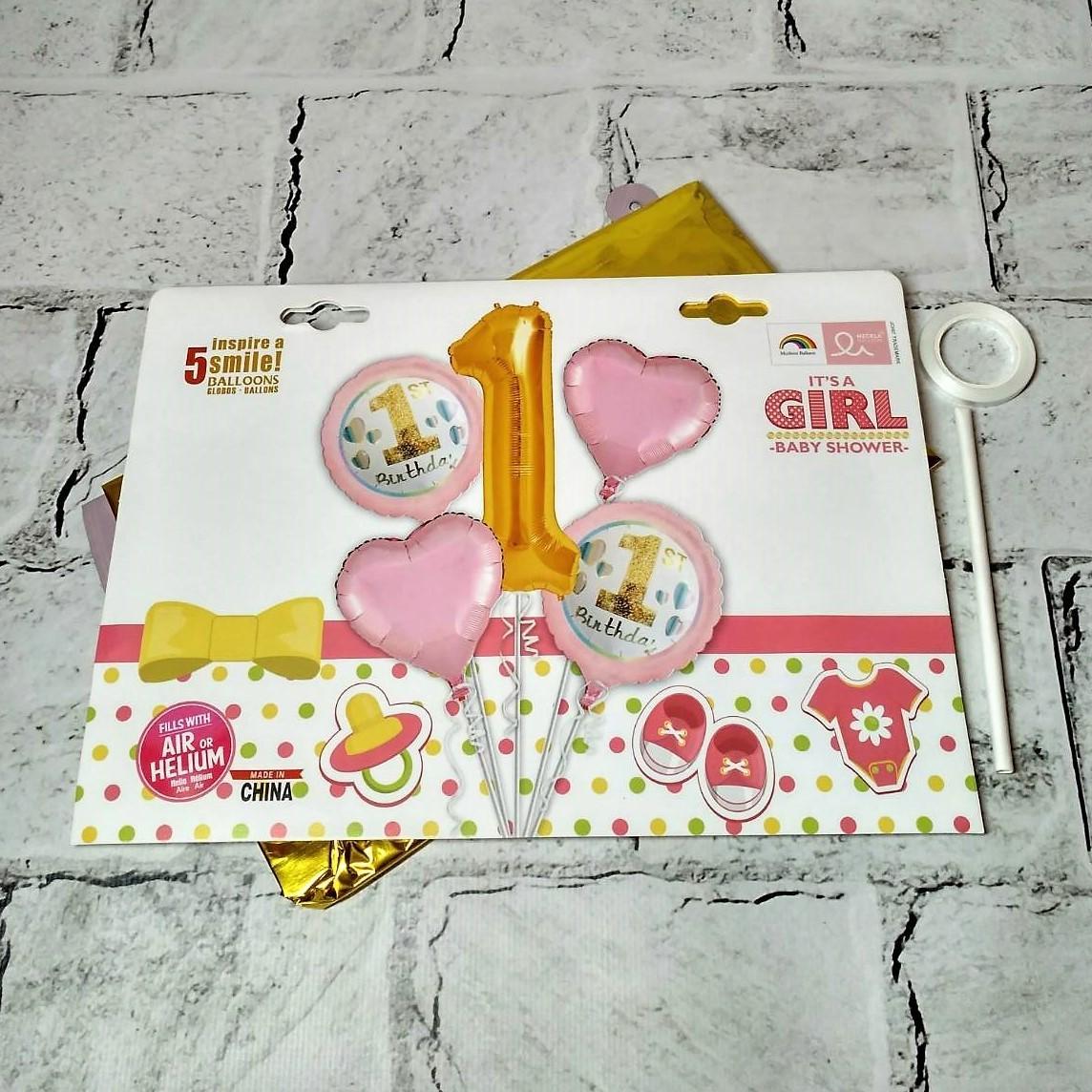 Воздушные шарики фольгированные Первый день рождения Baby girl 5 шт. (T-136-1)