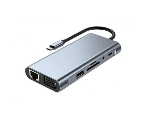 Картридер Ryra 11в1 87W Metal/4хUSB/1xHDTV 4К/Type-C 87W PD/VGA/LAN/TF/SD 3,5 мм