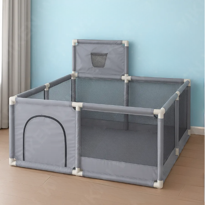 Дитячий ігровий манеж-огорожа з баскетбольним кошиком і кишенею для іграшок 125х125х64 см Сірий (Е500285)