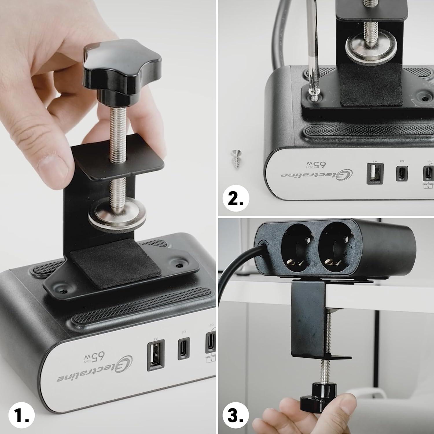 Зарядний блок із фіксатором Electraline Schuko 2 розетки 3хUSB-C PD 65 Вт /1хUSB-A 2 м Алюміній/Чорний - фото 9