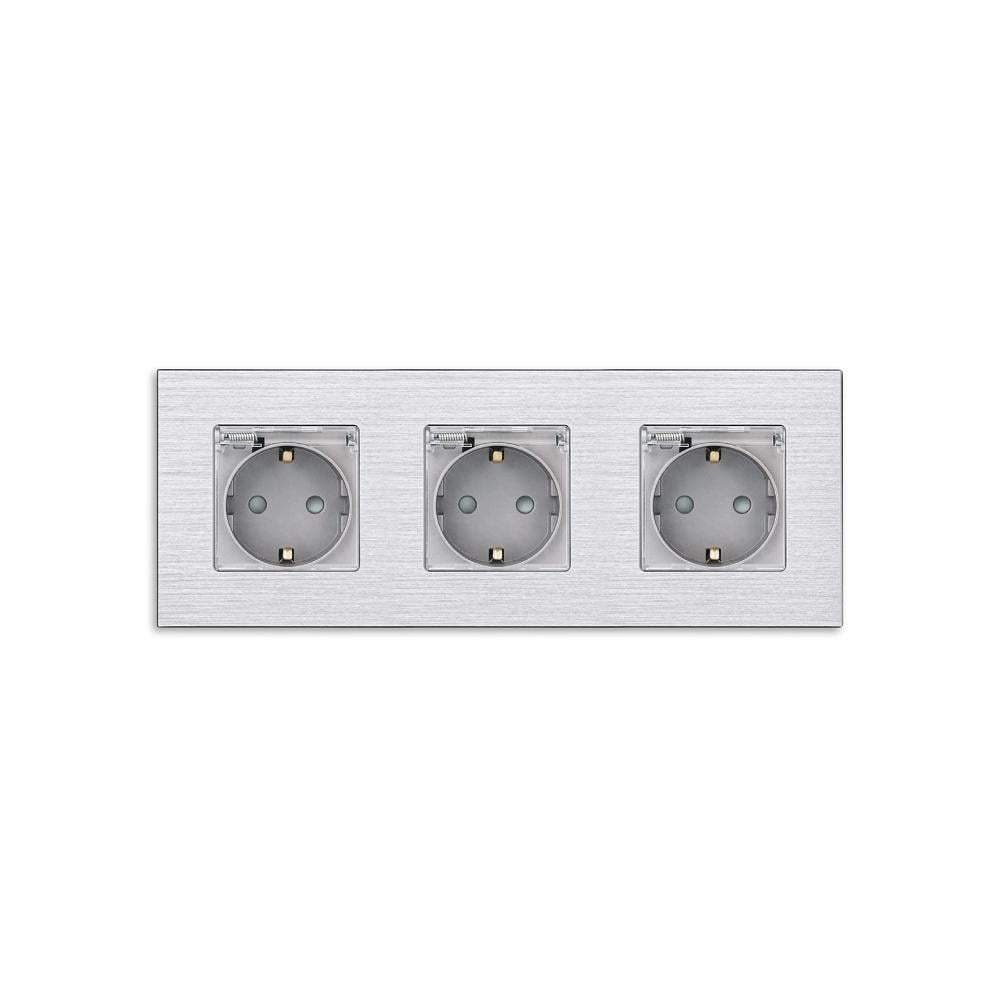 Розетка тройная WALLPAD с крышкой IP44 с заземлением/шторками 250В 16А алюминиевая рамка Серый (WP-M3EF-GY)