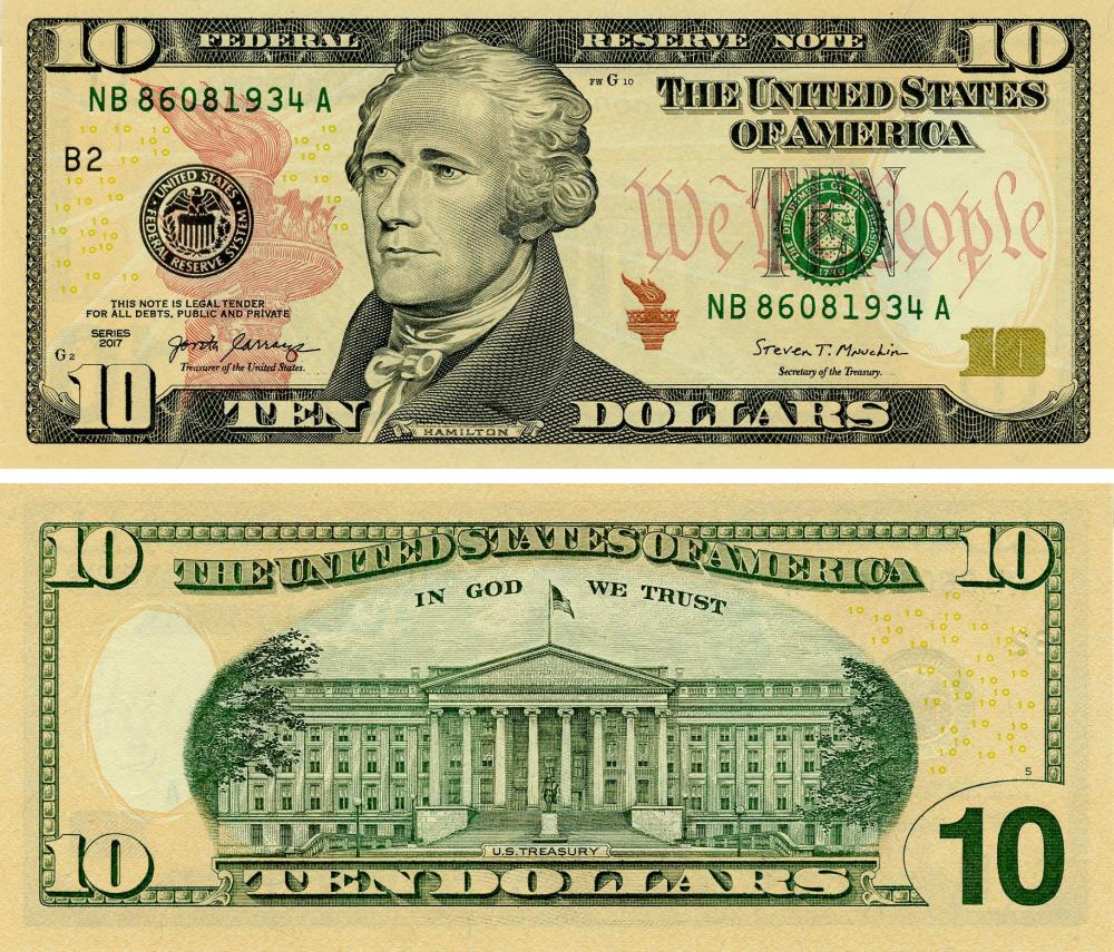 Коллекционная банкнота США 10 долларов 2017 UNC А. Гамильтон B-Нью-Йорк P545 (Б15658)