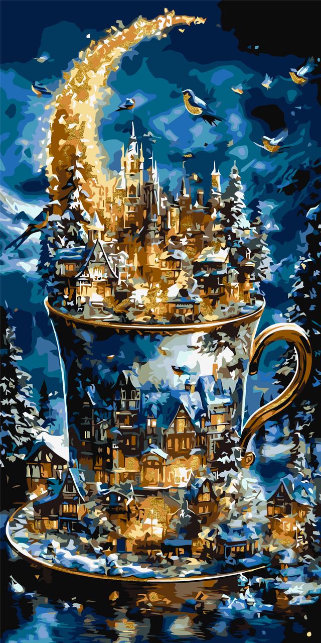 Картина по номерам Оригами Пейзаж Рождественский сказочный город с красками металлик 40х80 см