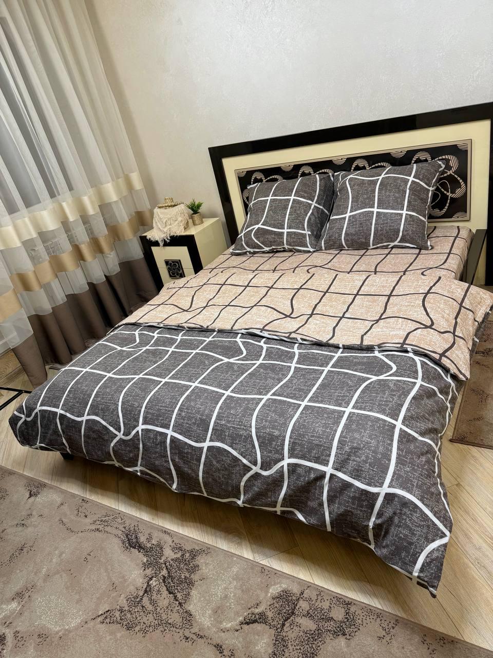 Комплект постельного белья двуспальный Массив простынь на резинке 160x200х20 см Серый с бежевым (28834224)