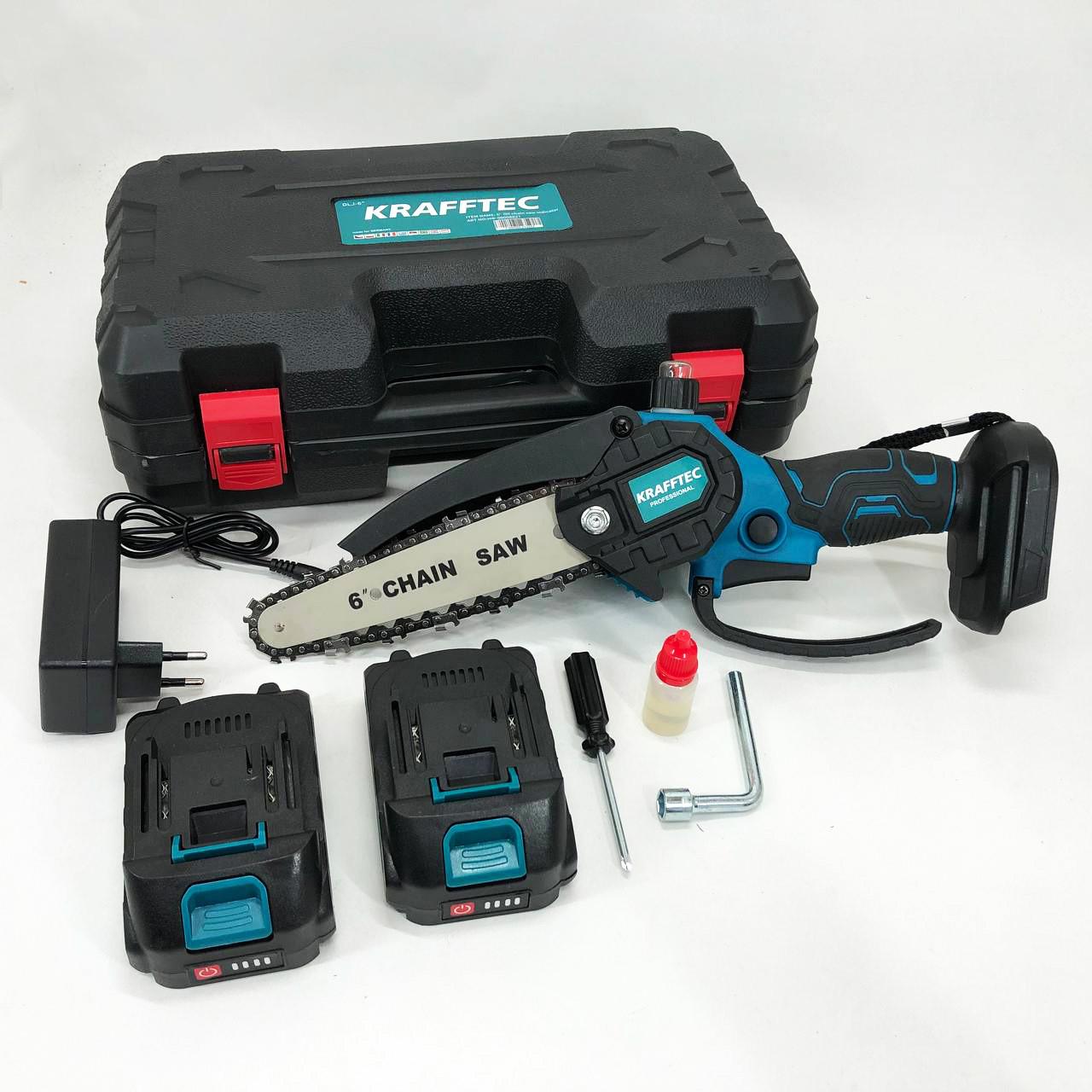 Пила цепная мини Krafftec 36V 4 А·ч 2 аккумулятора с индикатором заряда в кейсе 15 см