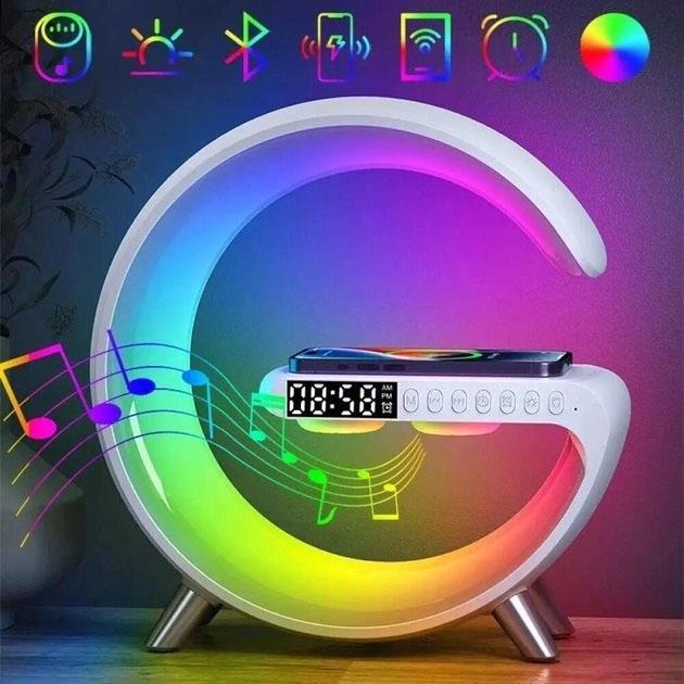 Ночник G63 мини с Bluetooth колонкой/беспроводной зарядкой 10W часами и RGB подсветкой - фото 6 Ночник G63 мини с Bluetooth колонкой/беспроводной зарядкой 10W часами и RGB подсветкой - фото 6