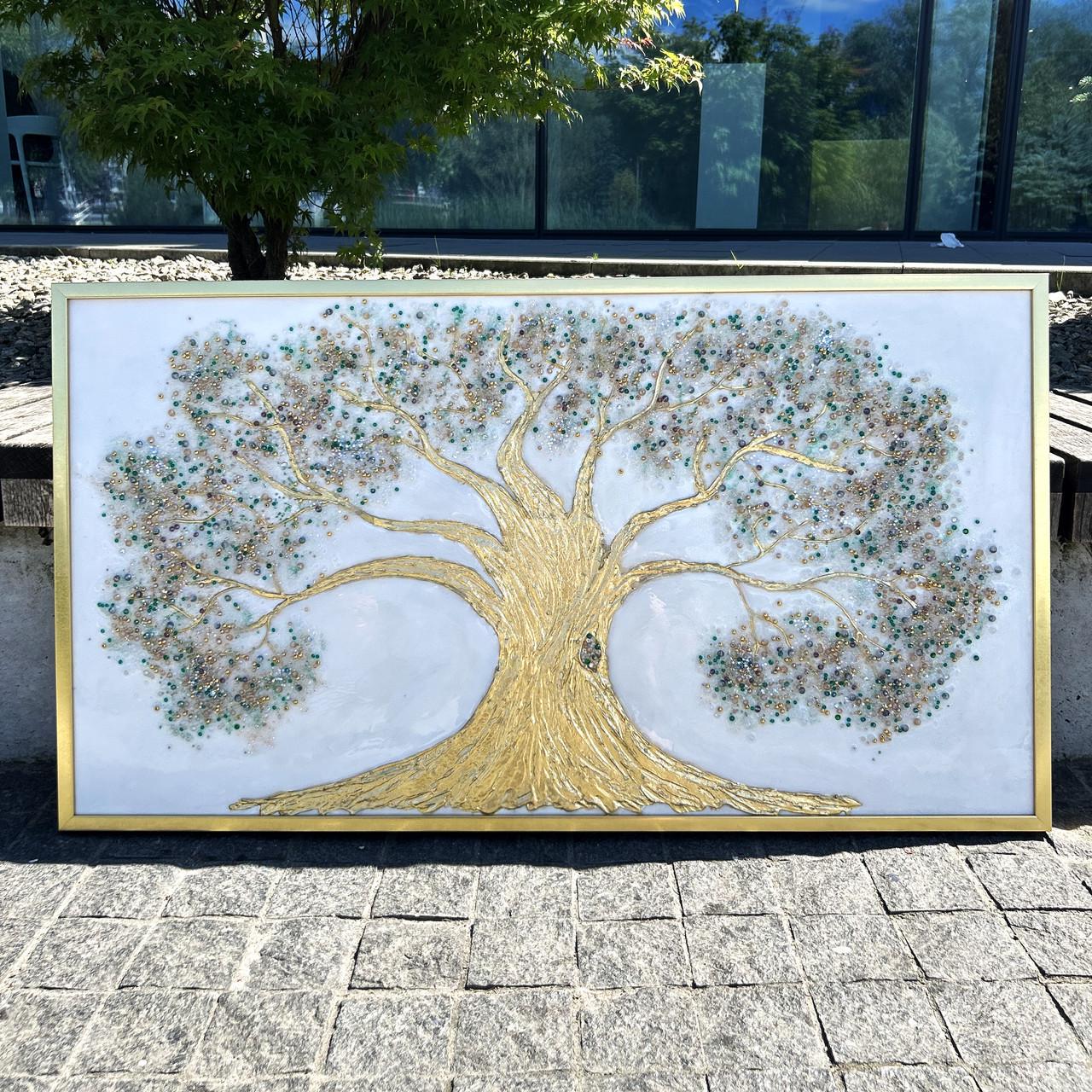 Картина из эпоксидной смолы Дерево благополучия с натуральными камнями 110х60 см