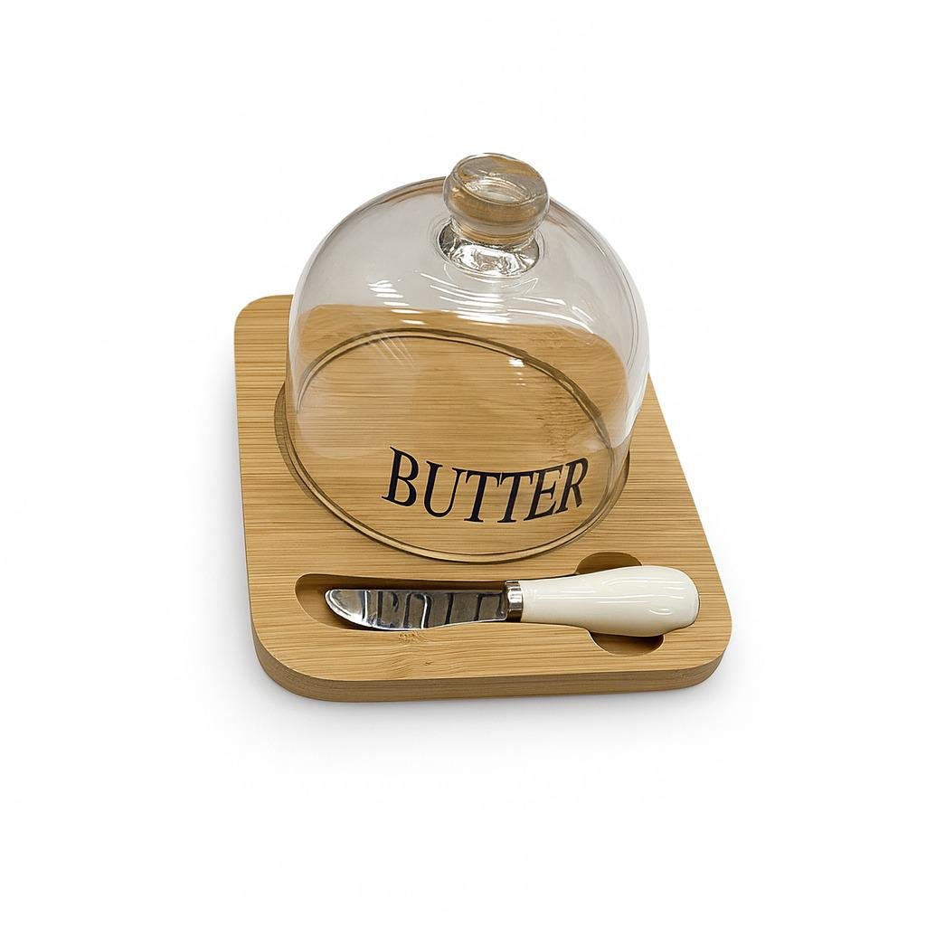 Масленка бамбук с ножом и стеклянной крышкой 17х20х11 см (R34376)