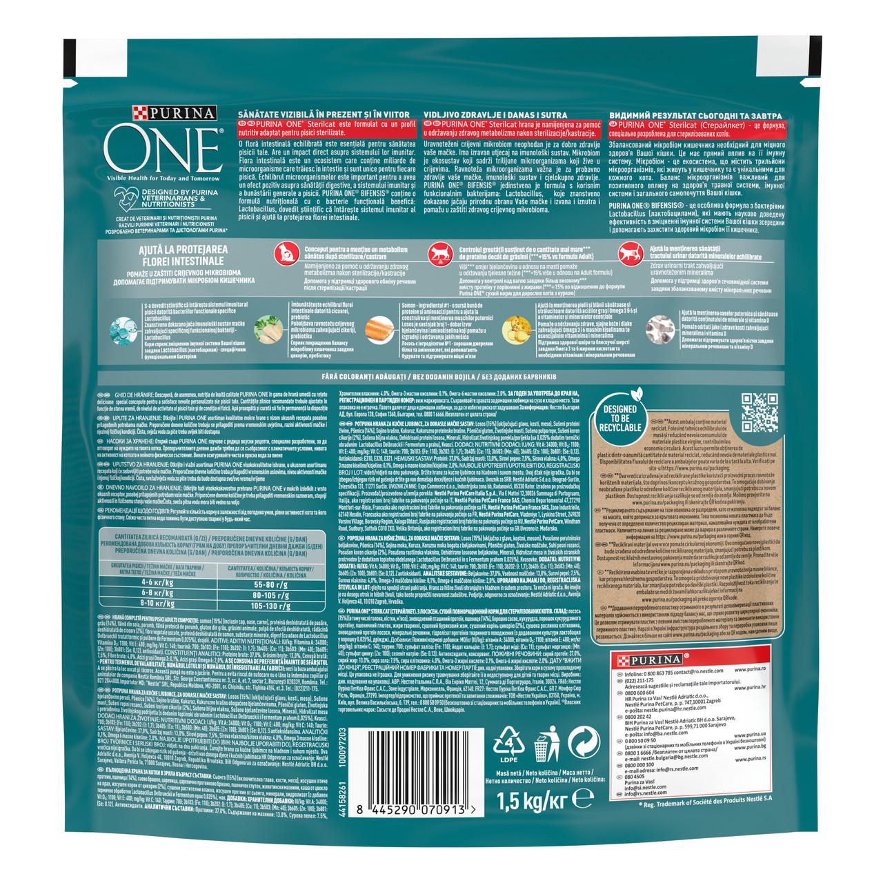 Сухий корм для стерилізованих котів Purina One Sterilcat з лососем та пшеницею 1,5 кг (7613035115439) - фото 2 Сухий корм для стерилізованих котів Purina One Sterilcat з лососем та пшеницею 1,5 кг (7613035115439) - фото 2