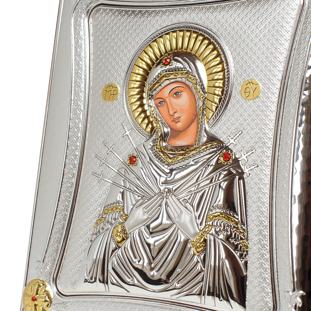 Ікона Семистрільна Божа Матір у срібній рамці позолочена 20х25 см - фото 4 Ікона Семистрільна Божа Матір у срібній рамці позолочена 20х25 см - фото 4