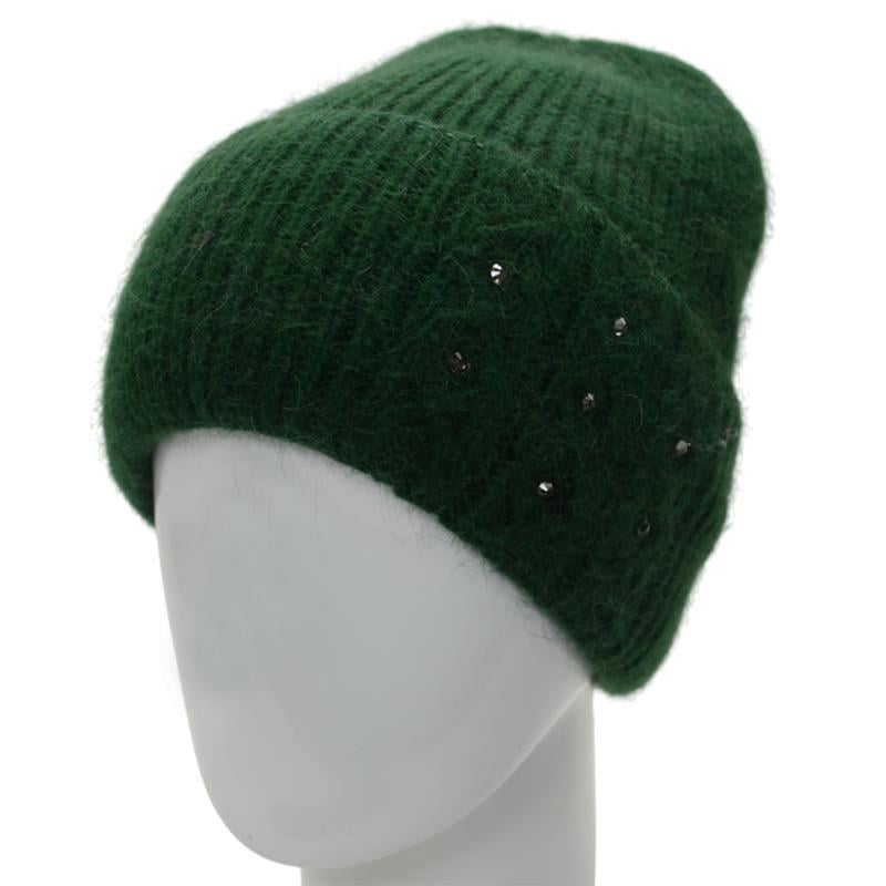 Шапка женская ангоровая с отворотом утепленная флисом Novita Крокус с узором украшена стразами Изумрудный