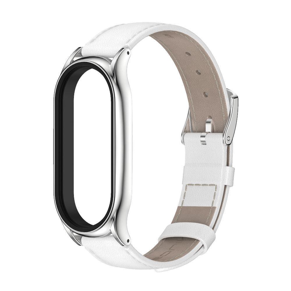 Ремешок для смарт-браслетов MiJobs Plus кожаный для Xiaomi Mi Band 5/4/3 Белый/Серебряный (1573P)
