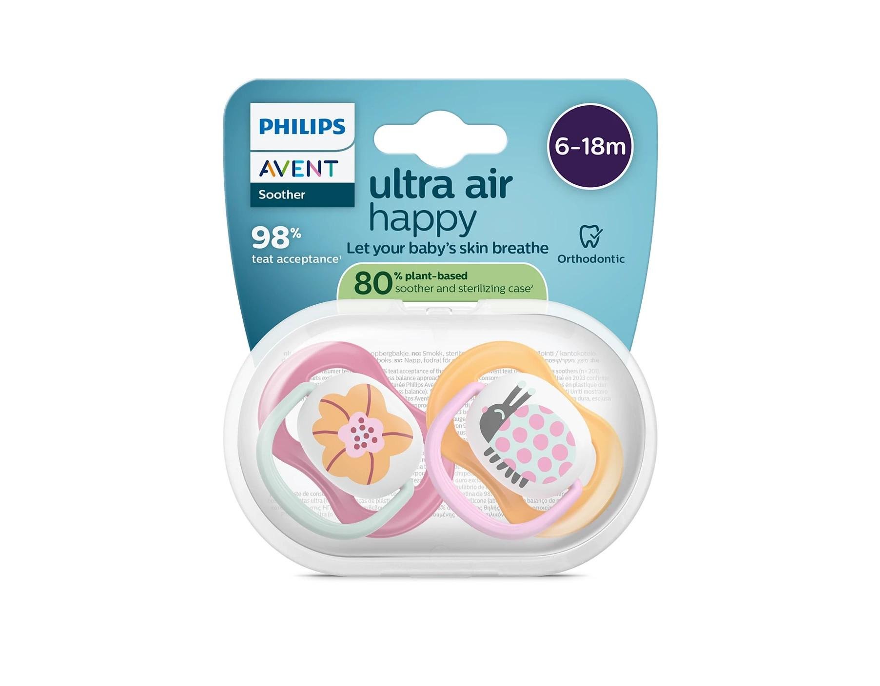 Пустышка ортодонтическая Avent Ultra Air 6-18 месяцев 2 шт. Розовый/Оранжевый (SCF080/27)