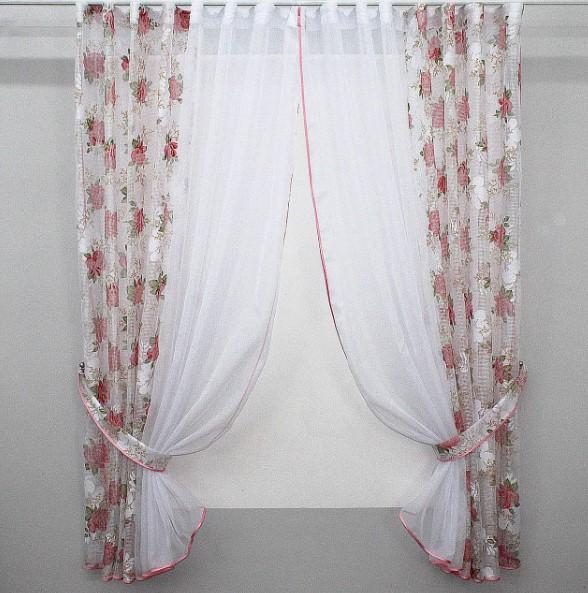 Занавеска на кухню шифон/сетка 380х170 см Розовый/Белый (00к 59-345)