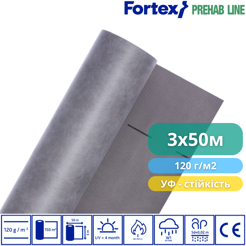 Мембрана дифузійна Fortex Prefab Line Premium 3x50 м 150 м2 120 г/м2 Сірий (390243) - фото 2 Мембрана дифузійна Fortex Prefab Line Premium 3x50 м 150 м2 120 г/м2 Сірий (390243) - фото 2