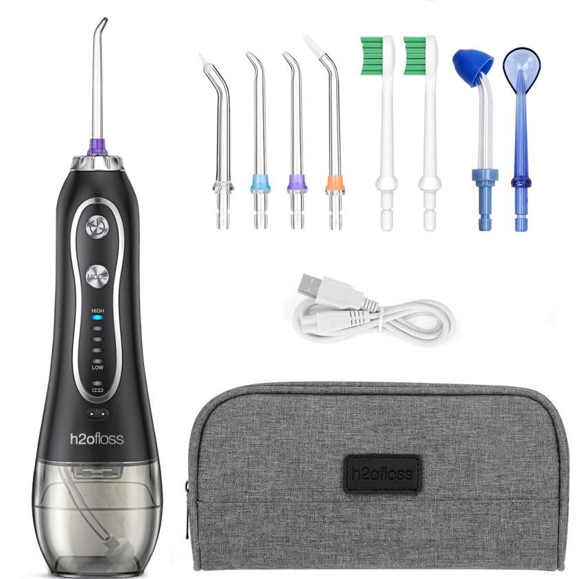Ирригатор полости рта H2OFloss HF-6 Extended портативный 8 насадок с сумкой Черный (2877)