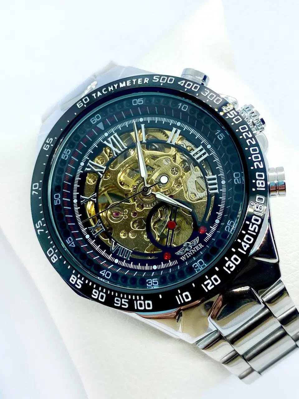 Часы мужские механические наручные Winner Skeleton с автоподзаводом Серебристые с золотом (IBW903SY) - фото 7