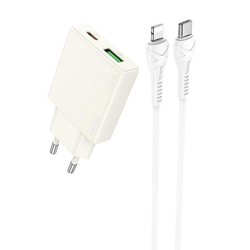 Зарядний пристрій мережевий Hoco N45 Biscuit PD30W/QC3.0 1USB-A/1C з кабелем Type-C to Lightning Moonlight White (00000071065_1)