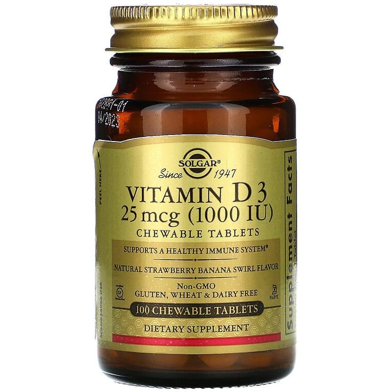 Витамин Solgar Vitamin D3 вкус клубники с бананом 25 мкг/1000 МЕ 100 жевательных таблеток (1063237206)