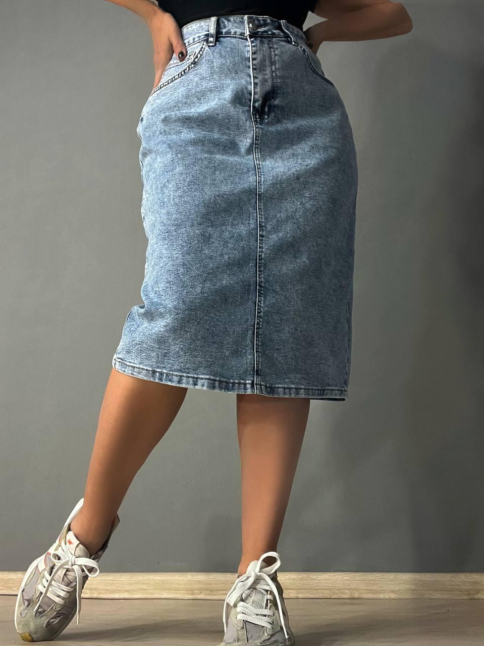 Спідниця джинсова жіноча Vanver 8118 з розрізом ззаду р. 32 Блакитний (26881530) - фото 10