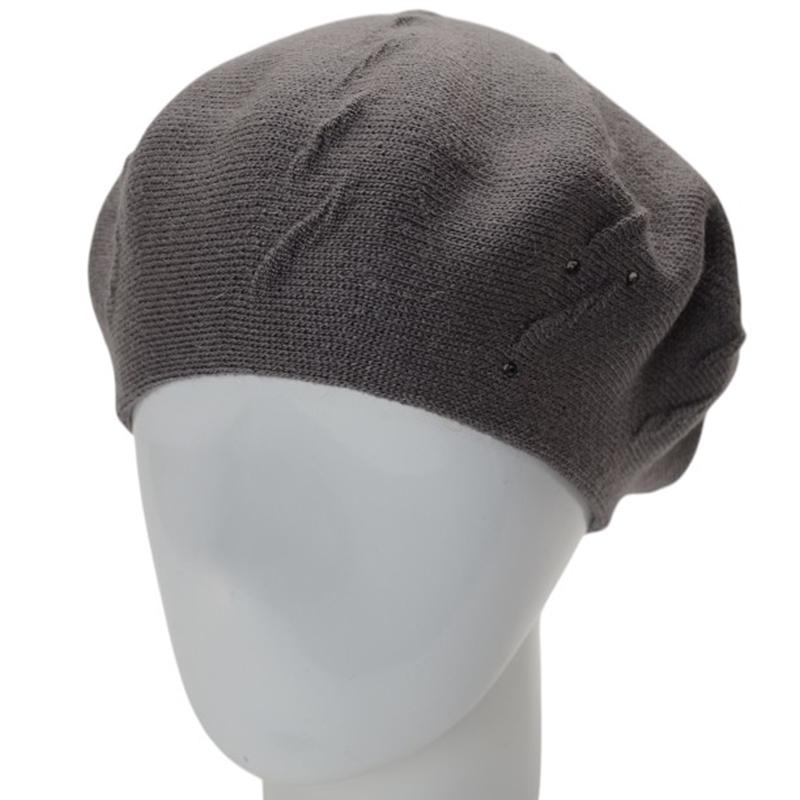 Берет женский осенний двойной Lirus Судьбы с узором и стразами тонкой вязки Дым