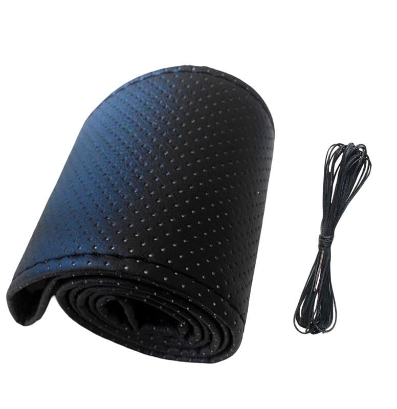 Чехол для руля автомобиля с нитью для прошивки в комплекте экокожа 38 см Черный (29599)