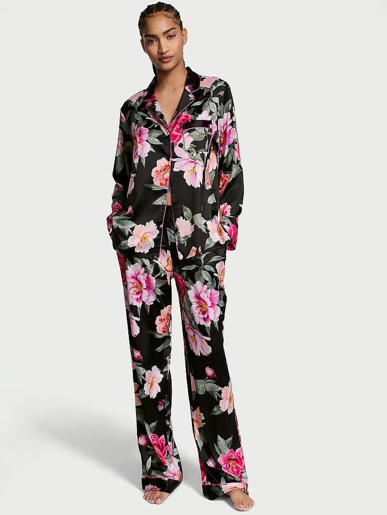 Піжама сорочка/штани сатинова Victoria's Secret Glazed Satin Long Pajama Set XS Regular Чорний (27012876)