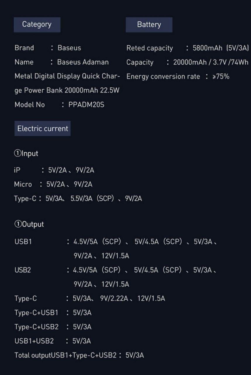 Павербанк Baseus цифровой дисплей 2 USB micro-USB/Type-C 20000 mAh 3 A 22,5 Вт (9613307) - фото 9