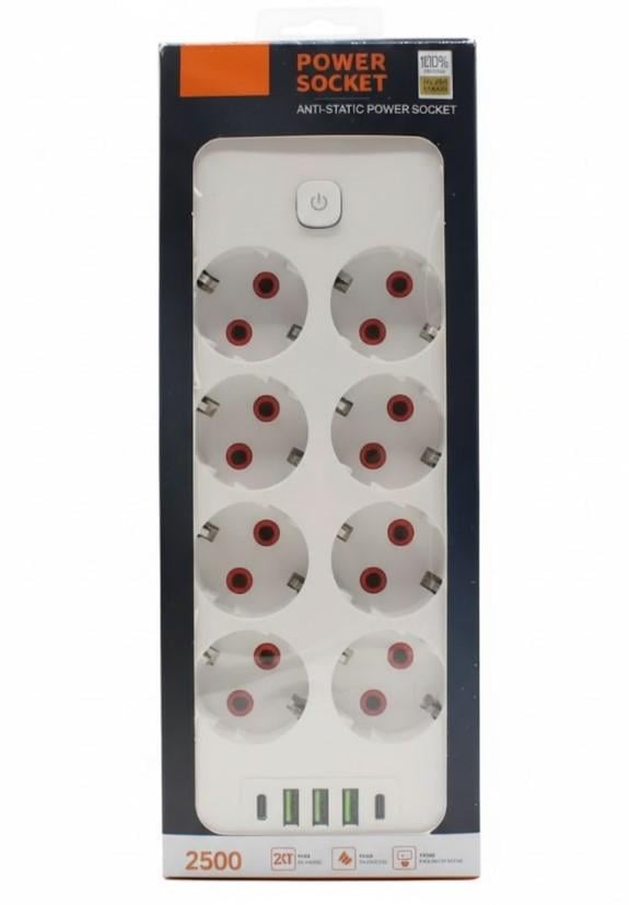 Переноска Power Socket 5 м 8 розеток 3 USB порти 2500W (2104618792) - фото 2 Переноска Power Socket 5 м 8 розеток 3 USB порти 2500W (2104618792) - фото 2