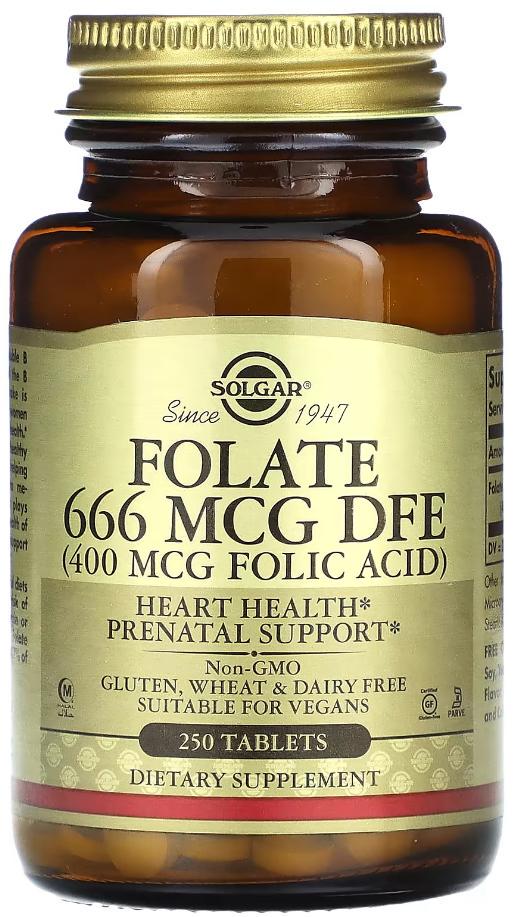Фолат Фолиевая кислота Solgar Folate 666 мкг DFE Folic Acid 400 мкг 250 таблеток