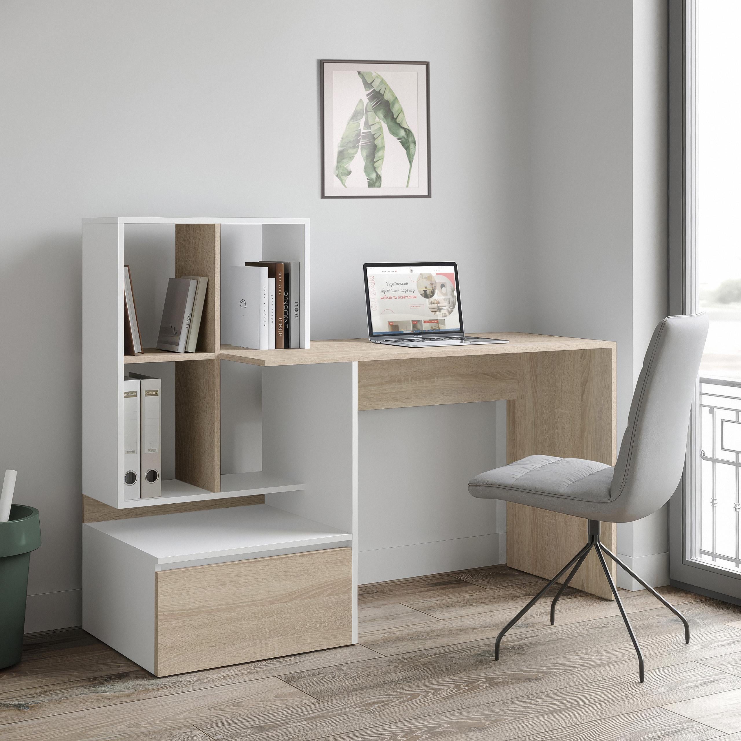 Стол письменный с полками и ящиком без ручек FST-5 1450х516х1116 мм Дуб Сонома/Белый