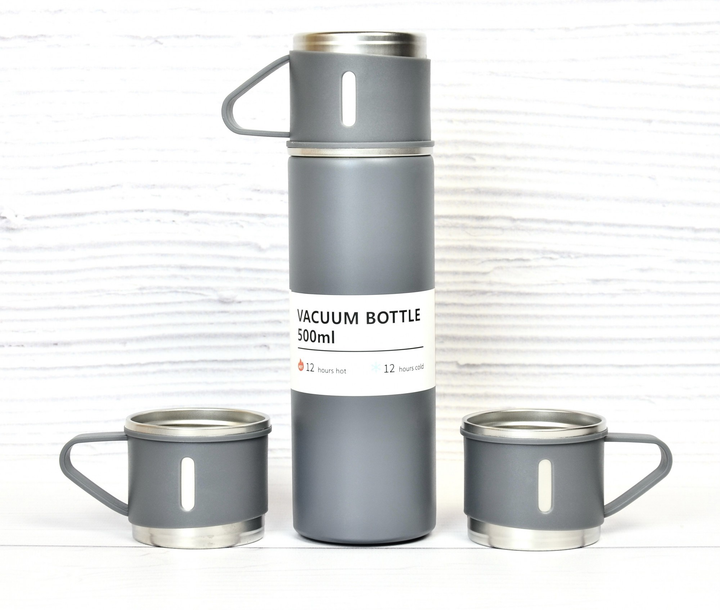 Набор термос с чашками 3 шт. с вакуумной изоляцией в подарочной упаковке 500 мл Серый (MX-00008959A) - фото 3 Набор термос с чашками 3 шт. с вакуумной изоляцией в подарочной упаковке 500 мл Серый (MX-00008959A) - фото 3
