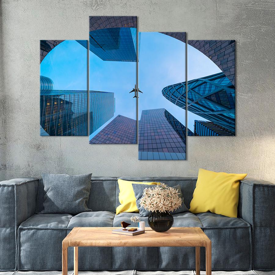 Картина город Самолёт в небе над стеклянными небоскрёбами 149x106 см (A793-4)