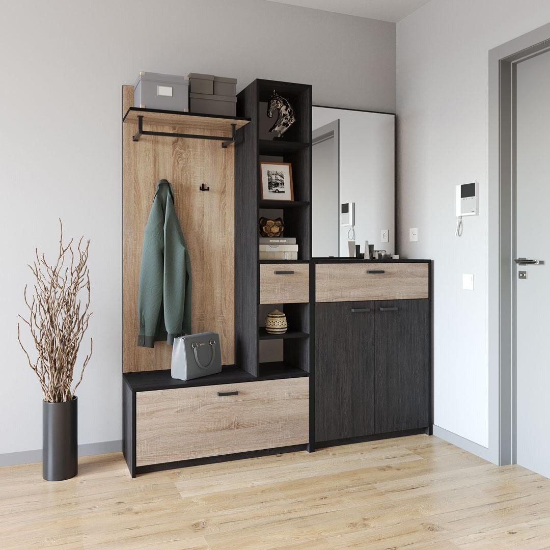 Прихожая Moreli KO-0002 с зеркалом/крючками и штангой для одежды 1690х1880х380 мм Венге темный/Дуб сонома (27688109)