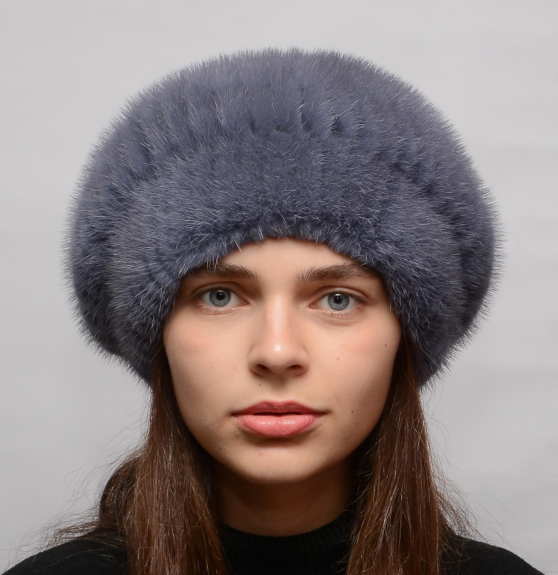Зимний берет из меха норки Меховой стиль Шарик XL-XXL Джинс (110/E)