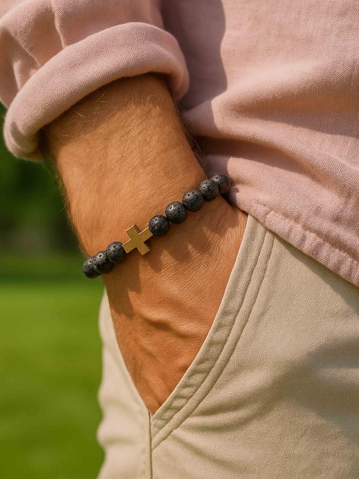 Браслет с крестом из натурального камня вулканическая лава Черный (3466)