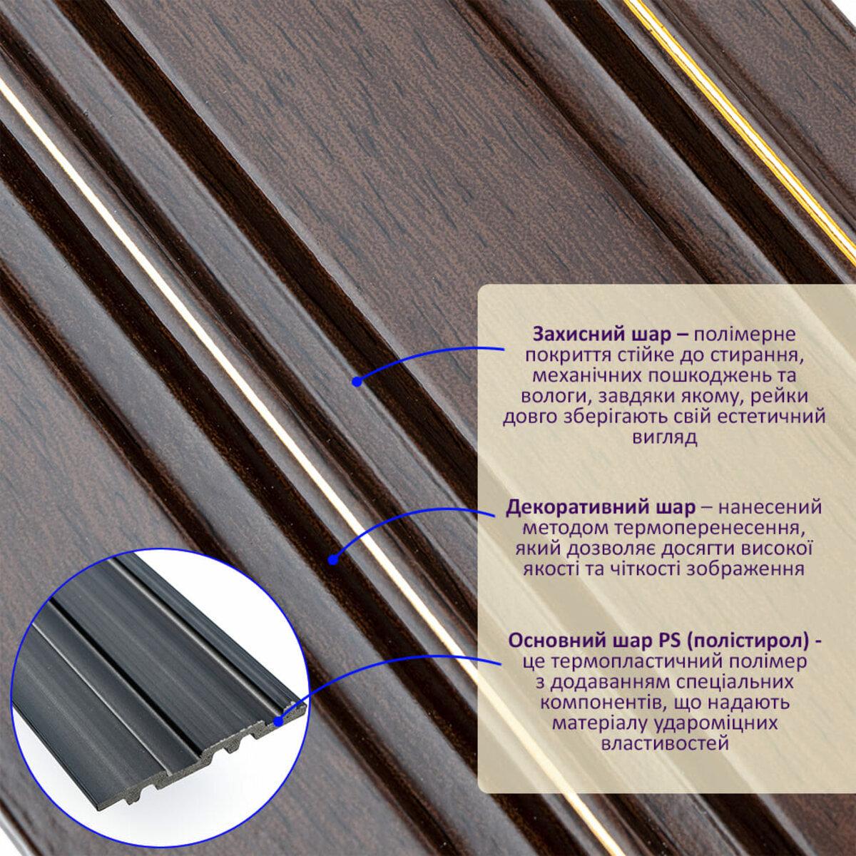 Рейка декоративна PS 2900х120х12 мм Темний горіх із Золотийм (SW-00002131) - фото 2 Рейка декоративна PS 2900х120х12 мм Темний горіх із Золотийм (SW-00002131) - фото 2