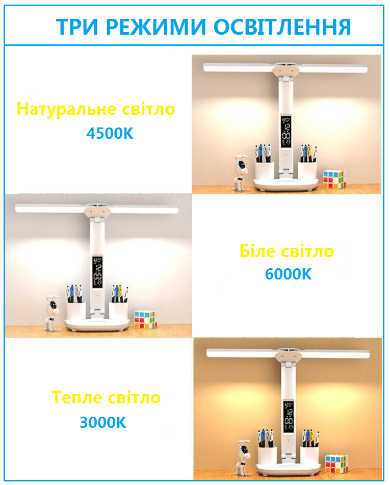 Лампа світлодіодна настільна подвійна з двома плафонами на акумуляторі з термометром/годинником/календарем/тримачами для ручок (12417617) - фото 7