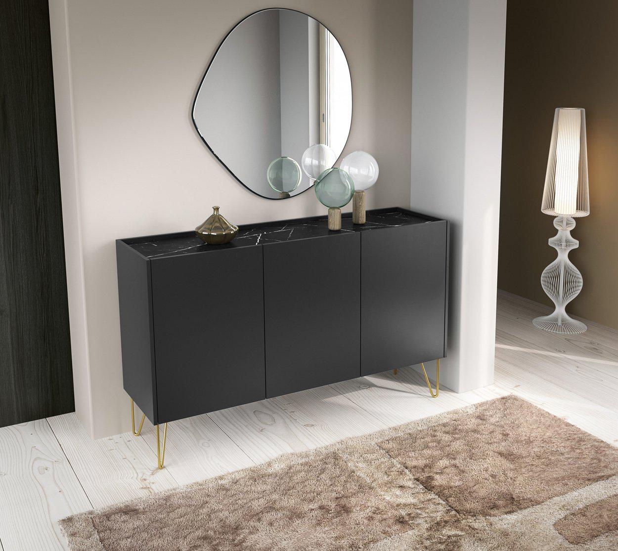 Комод Perfect Home Harmony K144 3-дверный с золотыми ножками Черный/Черный мрамор роял (PFH-091184)