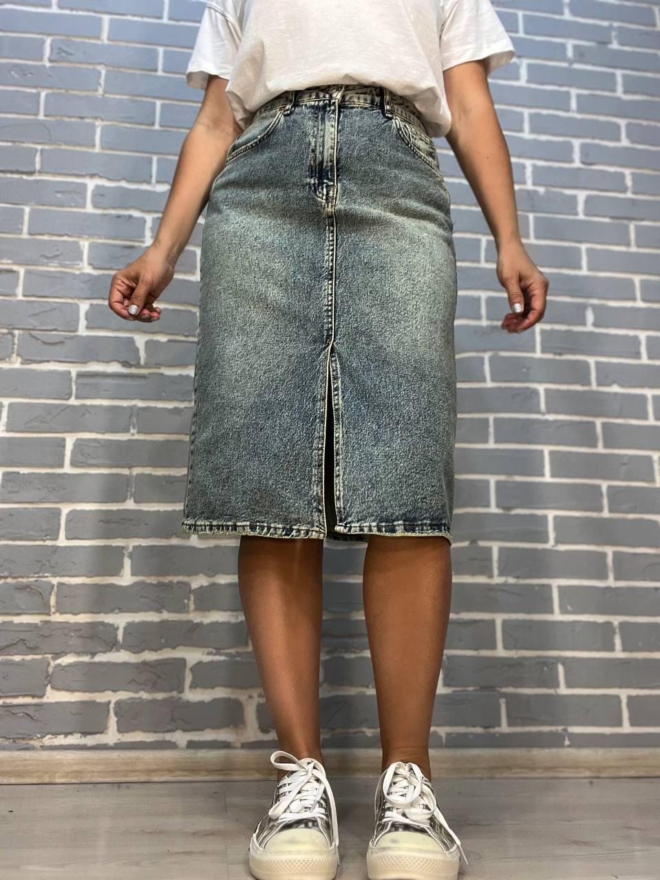 Юбка женская Sessanta 12011 джинсовая средняя длина разрез впереди стрейчевая XL Голубой (2302)