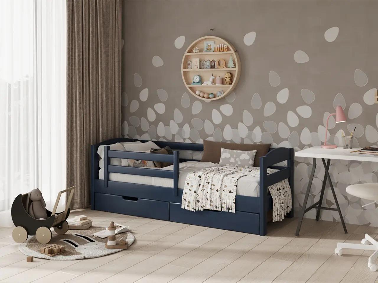 Кровать подростковая STEMMA Микки с ящиками натуральное дерево сосна 90x200 см Темно-синий (52579)