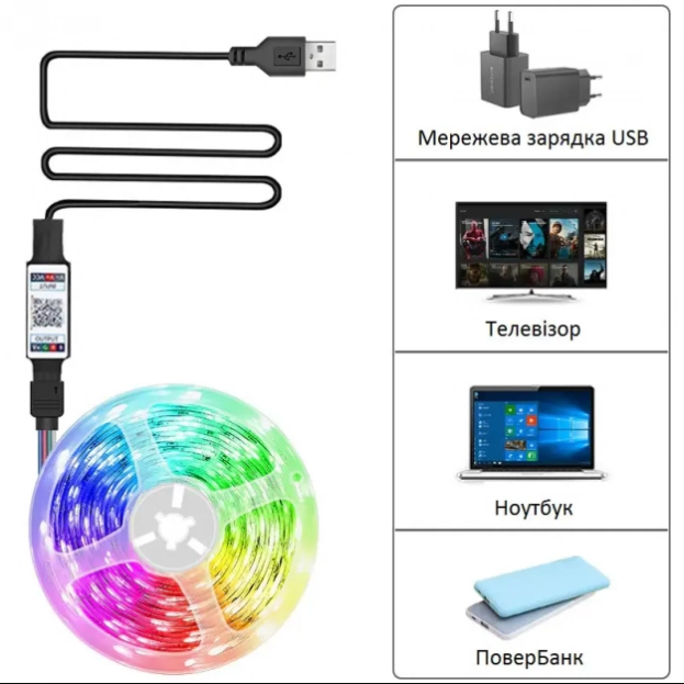 Світлодіодна стрічка LED RGB 5050 з Bluetooth водостійка USB 5 м - фото 4