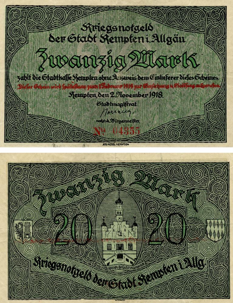 Коллекционная банкнота Германия Нотгельд 20 марок 1918 F-VF Кемптен (Б18858) Коллекционная банкнота Германия Нотгельд 20 марок 1918 F-VF Кемптен (Б18858)