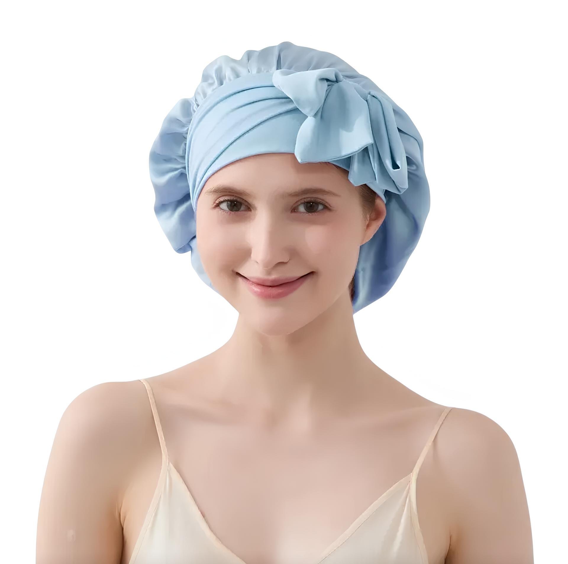 Шапка для сна женская большого размера 100% шелк мульбери с регулируемой резинкой и бантом Голубой (3355113)
