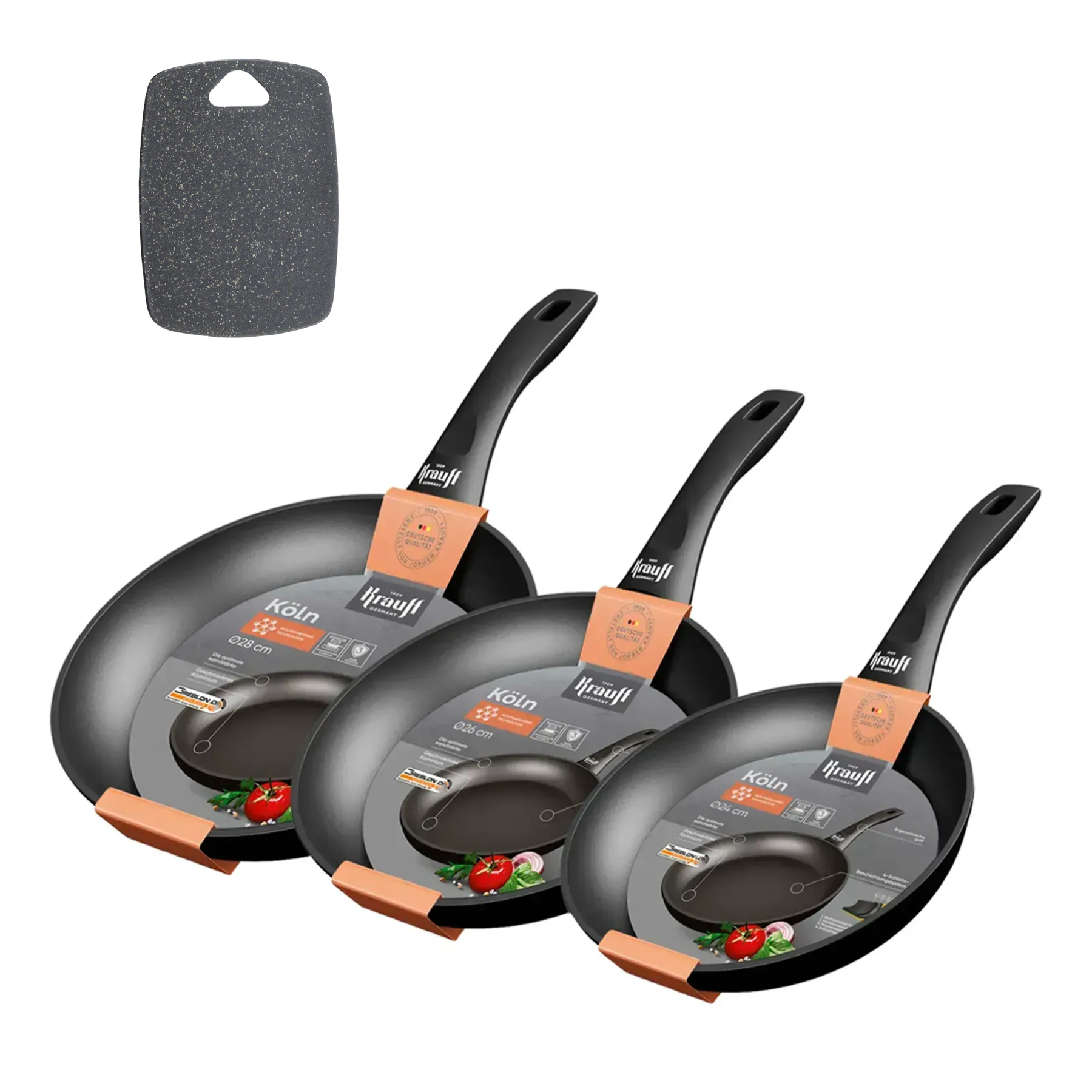 Набор сковородок Krauff Koln 28/26/24 см с кухонной доской (55-333-443) Набор сковородок Krauff Koln 28/26/24 см с кухонной доской (55-333-443)