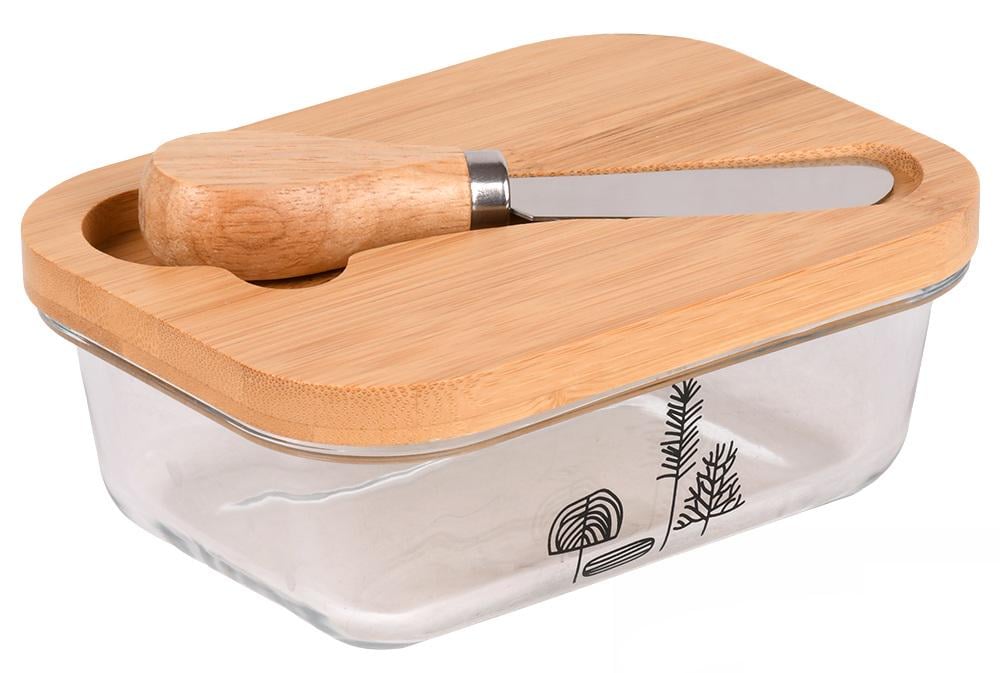 Маслянка скляна Stenson Butter з бамбуковою кришкою та ножем 10,5×14,5×6 см (31572)