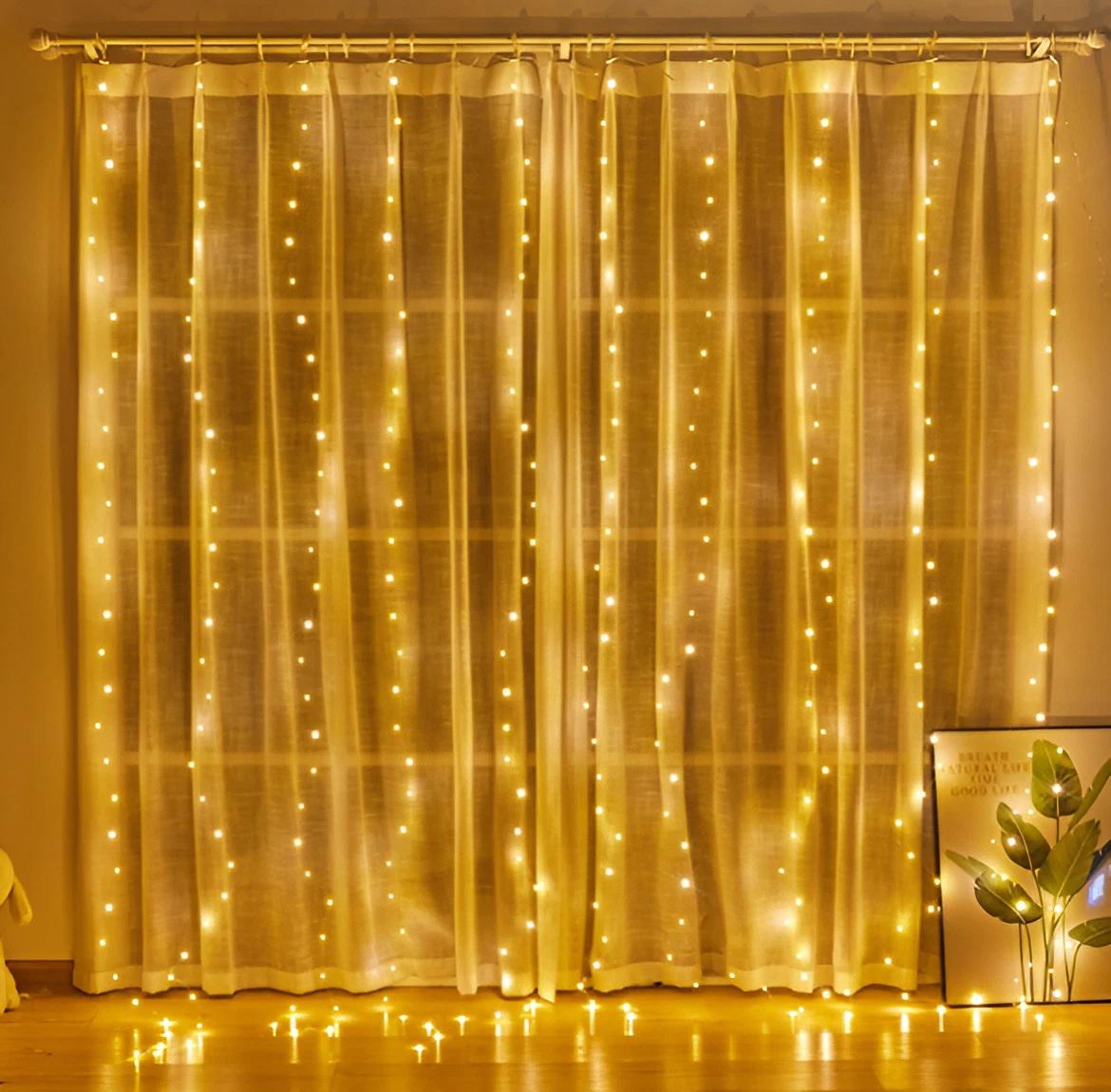 Гірлянда штора USB 10 гачків для кріплення 8 режимів 300LED 3х3 м Теплий білий (3010581111)