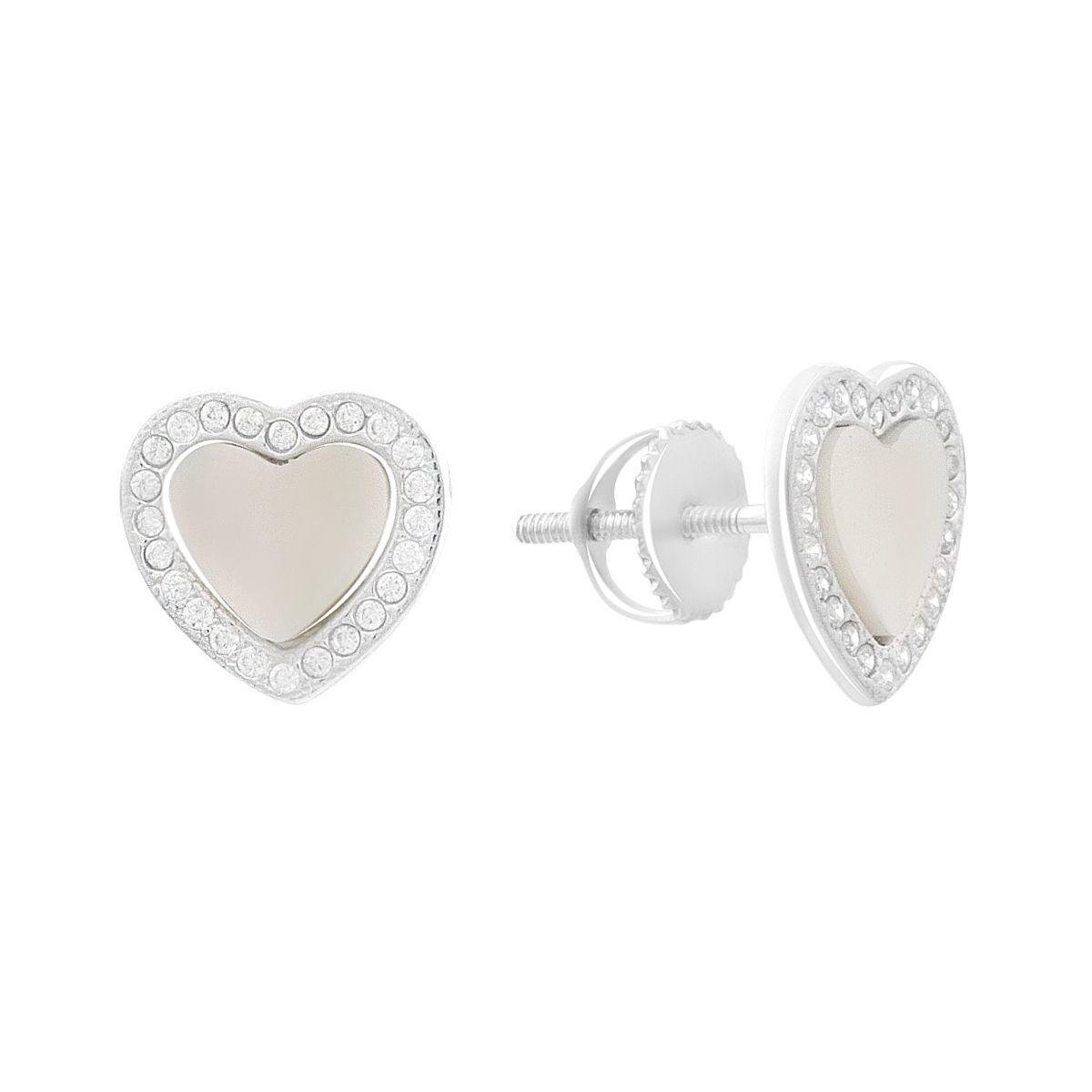 Серьги серебряные пусеты LoveR в форме сердца с перламутром и прозрачными фианитами по контуру