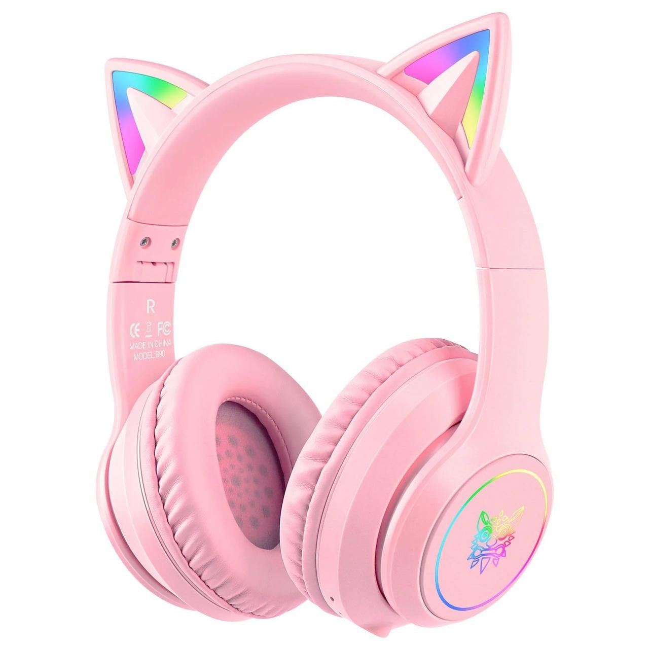 Навушники ігрові Bluetooth Onikuma з котячими вушками RGB-підсвіткою та мікрофоном бездротові геймерські Рожевий