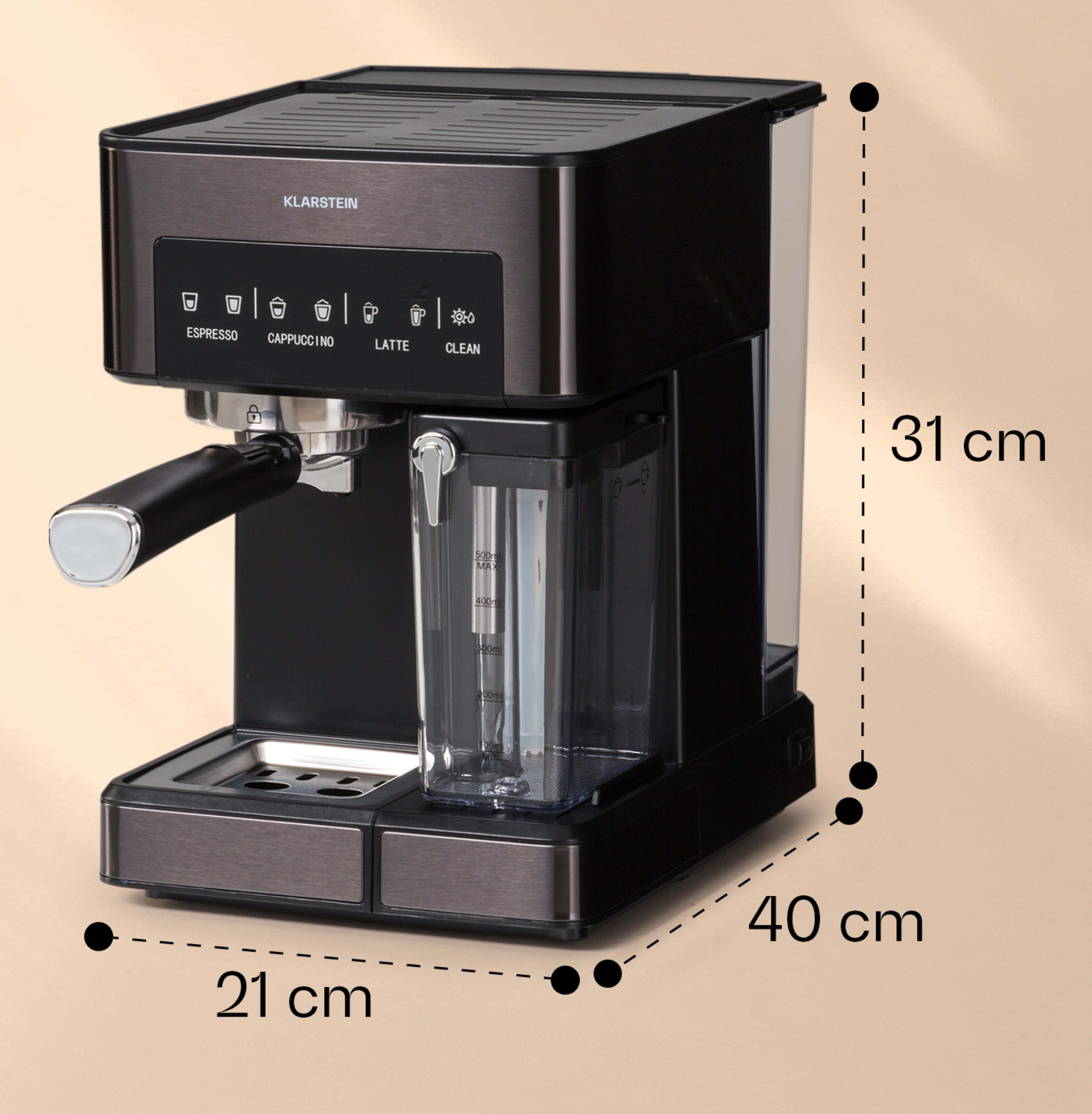 Кофеварка KLARSTEIN Arabica Comfort сенсорная панель 1350W 20 бар 1,8 л Черный (10041523) - фото 7 Кофеварка KLARSTEIN Arabica Comfort сенсорная панель 1350W 20 бар 1,8 л Черный (10041523) - фото 7